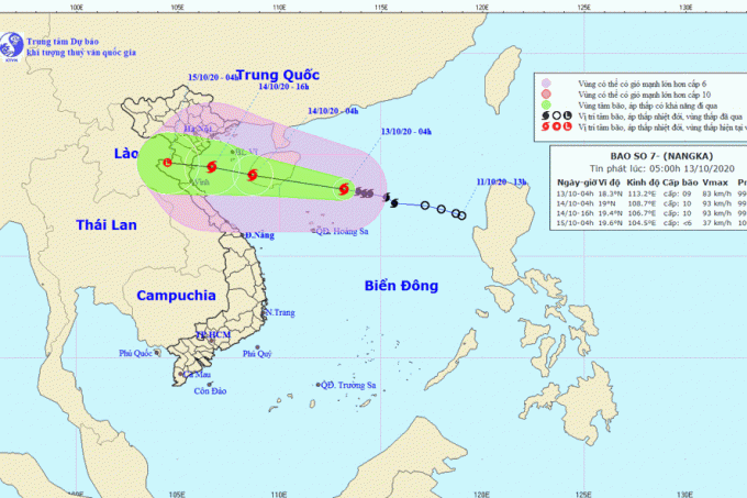 Hướng đi của bão số 7. Ảnh: Trung tâm Khí tượng Thủy văn Quốc gia