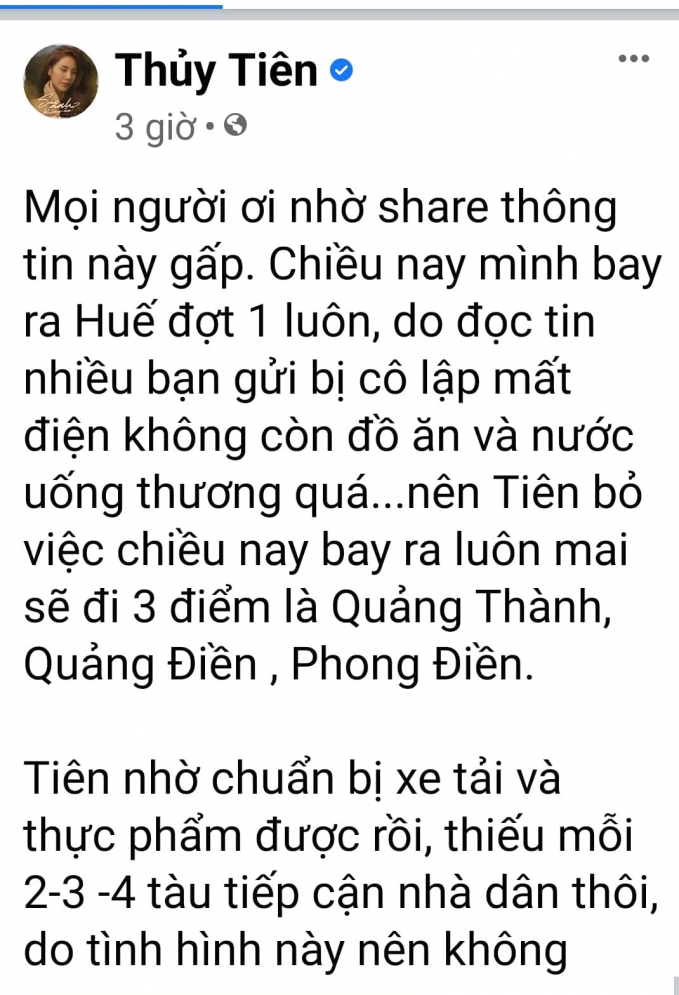 Ca sĩ Thủy Tiên luôn hết lòng với công tác thiện nguyện. (Ảnh: Facebook nhân vật)