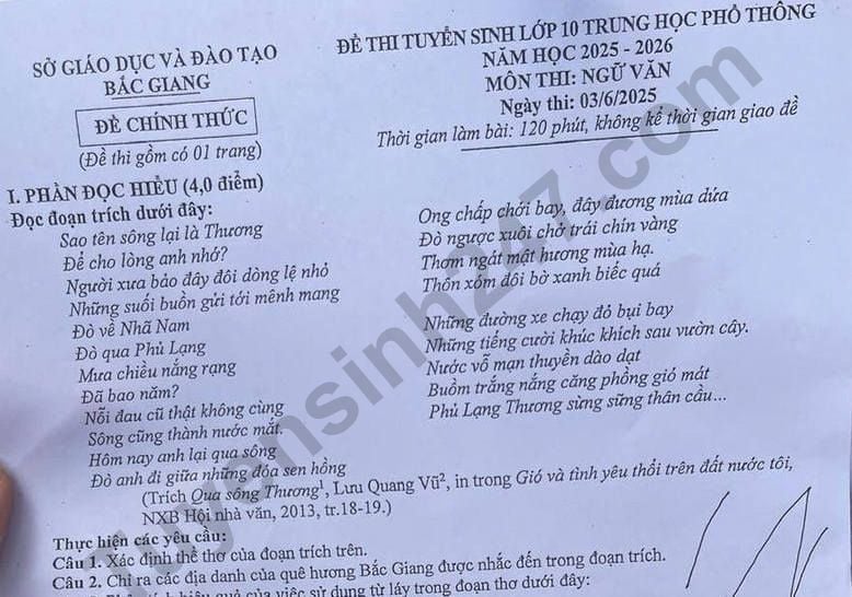 Đề thi môn Văn vào lớp 10 năm 2025 của Bắc Giang có gợi ý đáp án