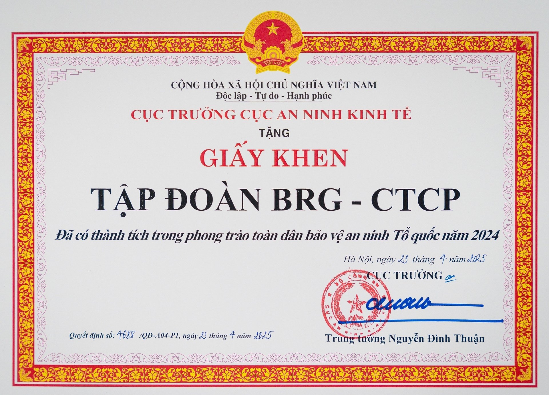 Tập đoàn BRG nhận giấy khen trong phong trào “Toàn dân Bảo vệ An ninh Tổ quốc năm 2024”