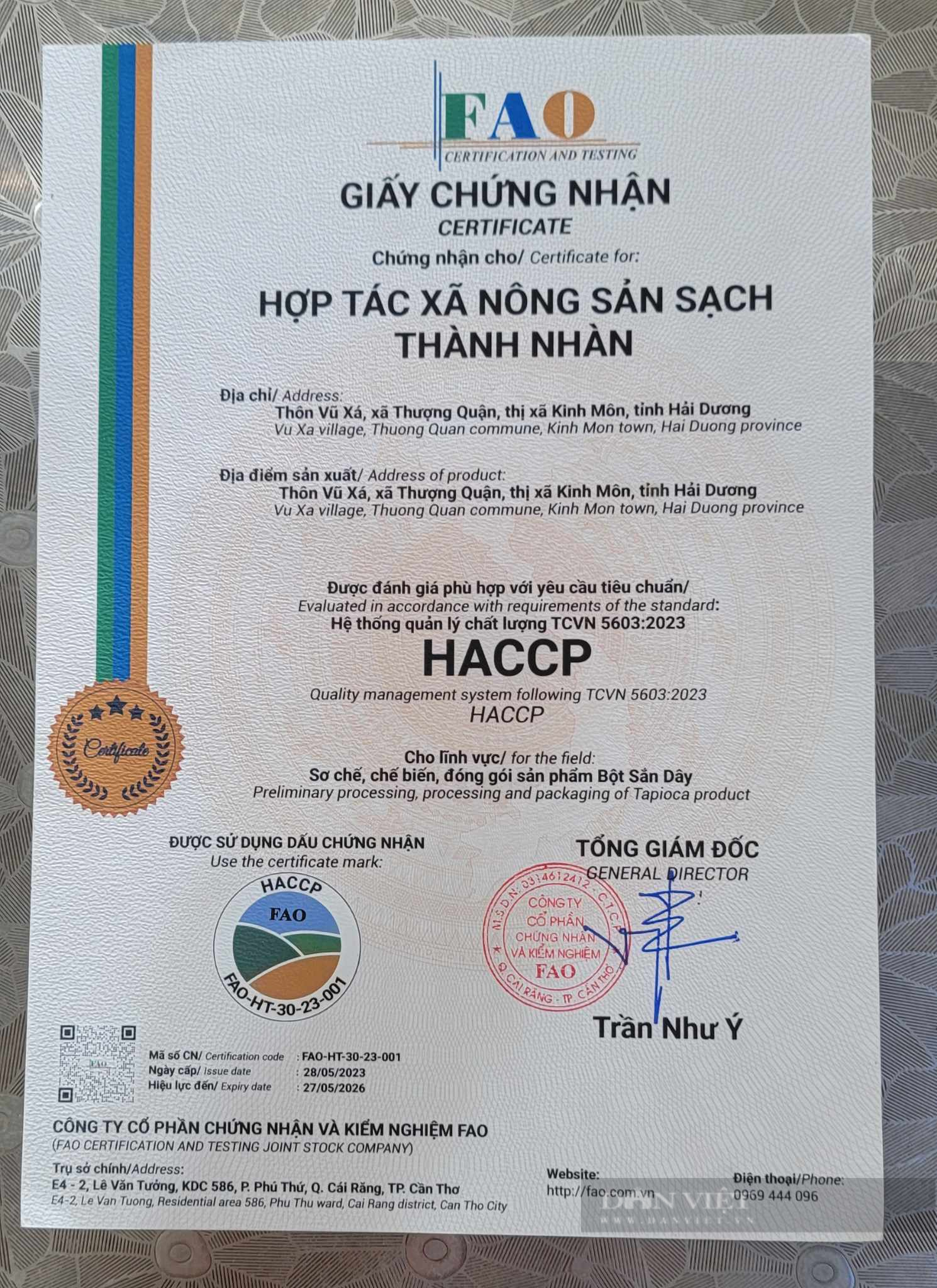  HTX Nông sản sạch Thành Nhàn được tổ chức công nhận tiêu chuẩn quản lý chất lượng HACCP. Ảnh: Nguyễn Việt.