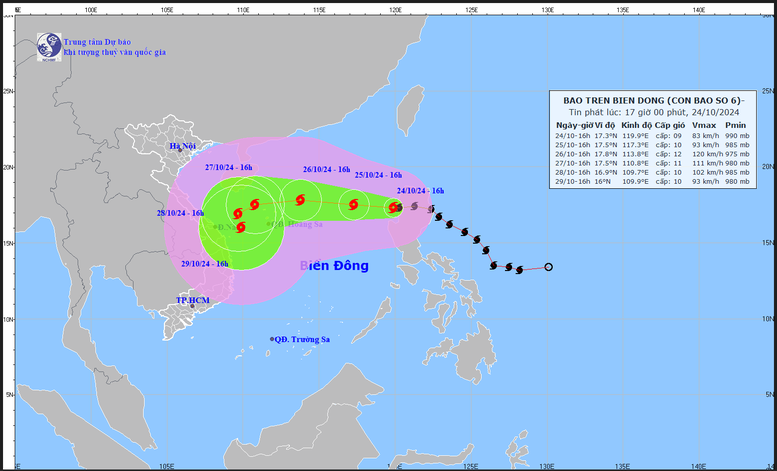 Hướng đi của bão TRAMI - Ảnh: Trung tâm Dự báo khí tượng thủy văn Quốc gia cập nhật lúc 17h ngày 24/10/2024.