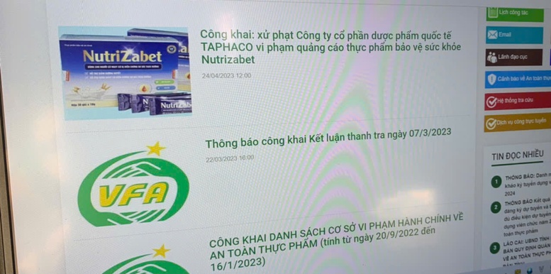  Các thông tin cảnh báo về vi phạm quảng cáo thực phẩm chức năng được đăng tải công khai trên website của Cục An toàn thực phẩm - Ảnh: VGP/HM