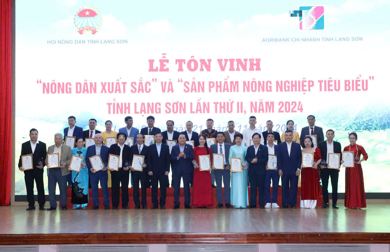  Chủ tịch UBND tỉnh Lạng Sơn trao danh hiệu và giấy chứng nhận cho 'Nông dân xuất sắc' và chủ thể của 'Sản phẩm nông nghiệp tiêu biểu'. Ảnh: CTV