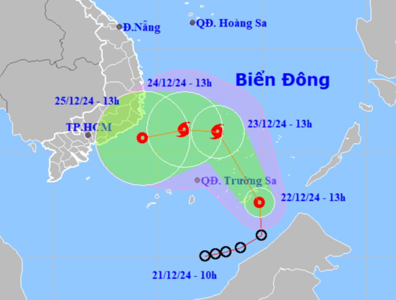  Vị trí và hướng đi chuyển của áp thấp nhiệt đới. Nguồn: Trung tâm Dự báo khí tượng thủy văn quốc gia