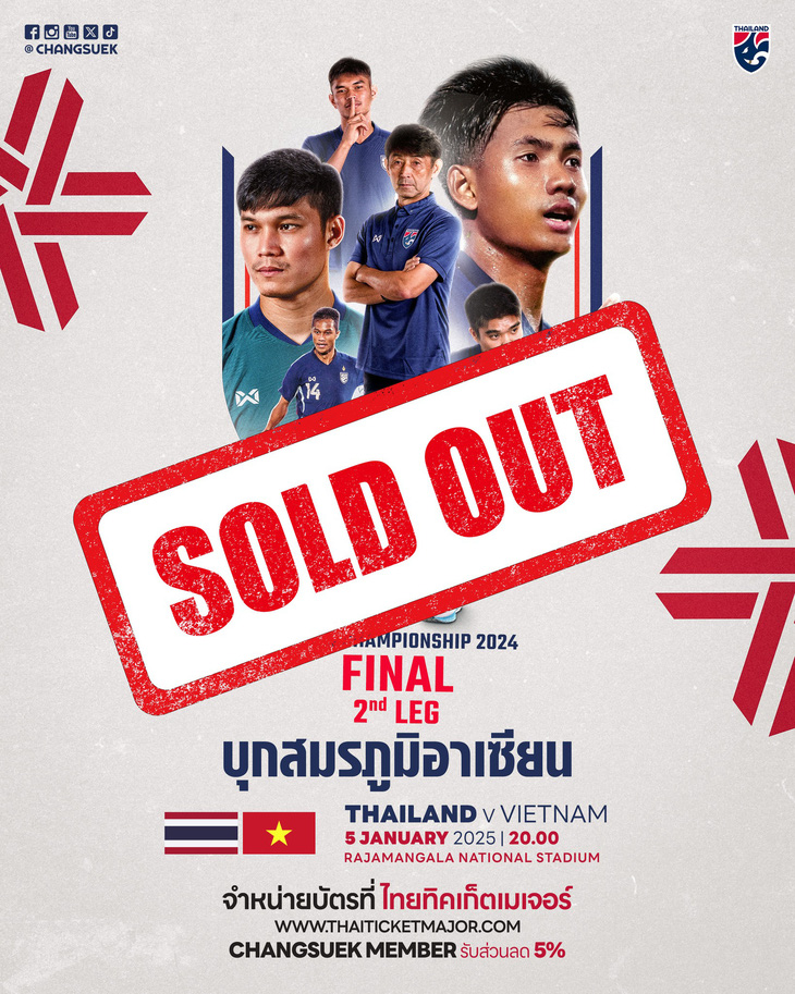  Trang Chansuek thông báo đã bán hết vé trận chung kết ASEAN Cup 2024 lượt về giữa Thái Lan và Việt Nam - Ảnh: CHANGSUEK