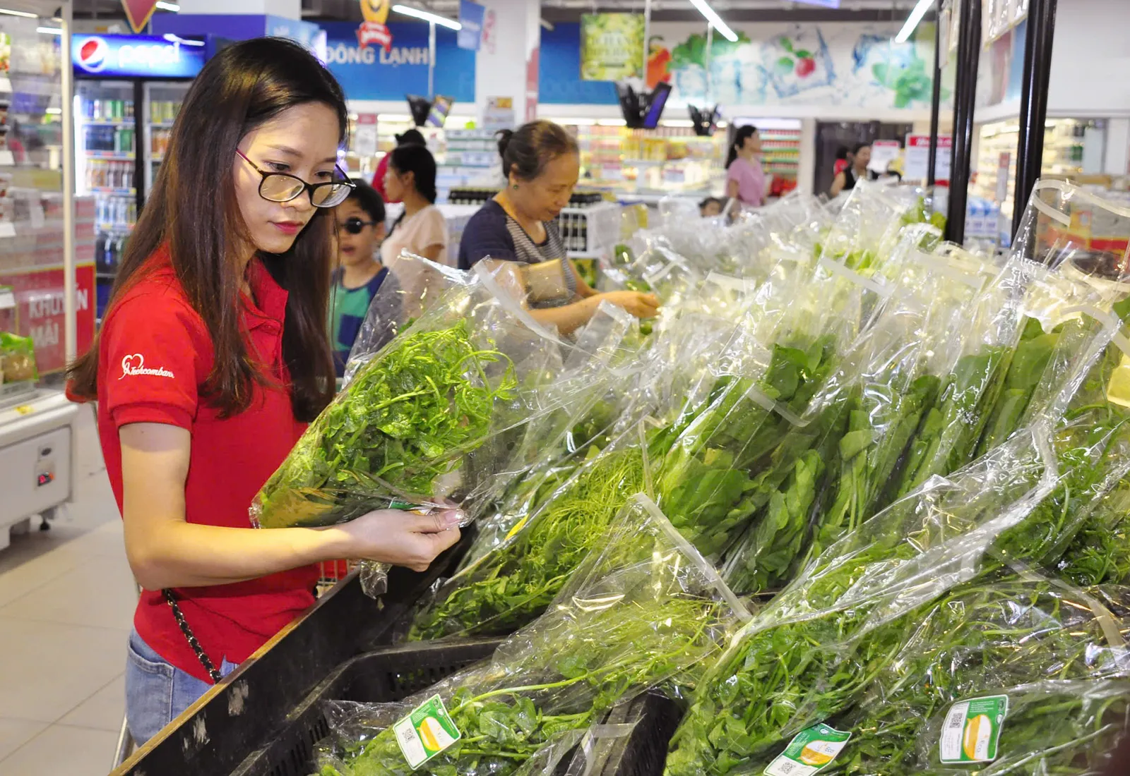 Người tiêu dùng mua rau xanh được gắn sao OCOP tại siêu thị Go! Thăng Long. Ảnh: Hoài Nam
