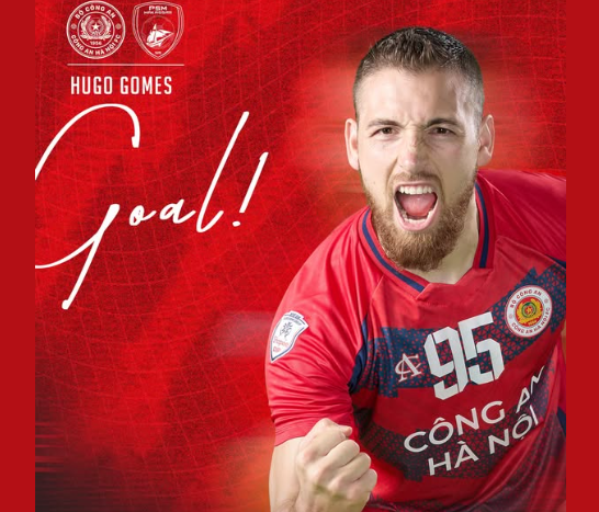 Hugo Gomes ghi bàn mở tỷ số trong trận bán kết lượt về. Ảnh: Công An Hà Nội FC