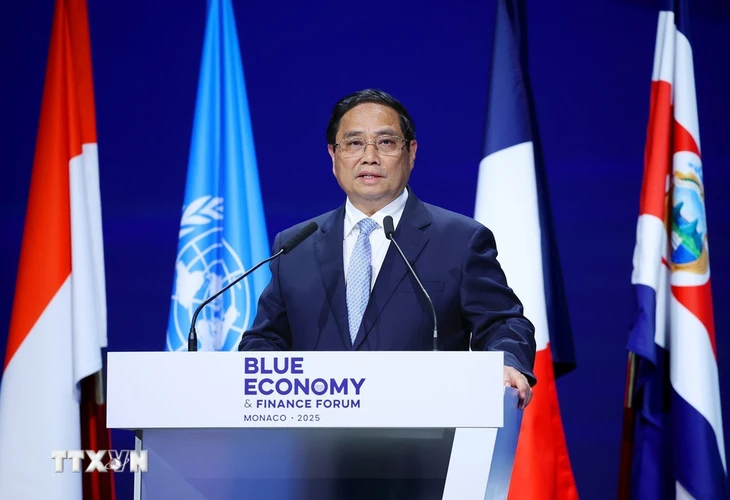 Thủ tướng Phạm Minh Chính phát biểu tại Diễn đàn Kinh tế và tài chính xanh của Hội nghị Đại dương Liên hợp quốc lần thứ 3 - Ảnh: TTXVN