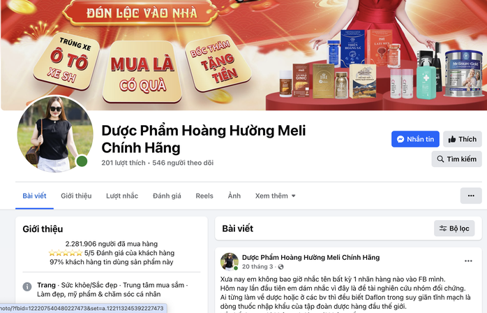  Fanpage có tên 'Dược phẩm Hoàng Hường Meli chính hãng'. Ảnh chụp màn hình