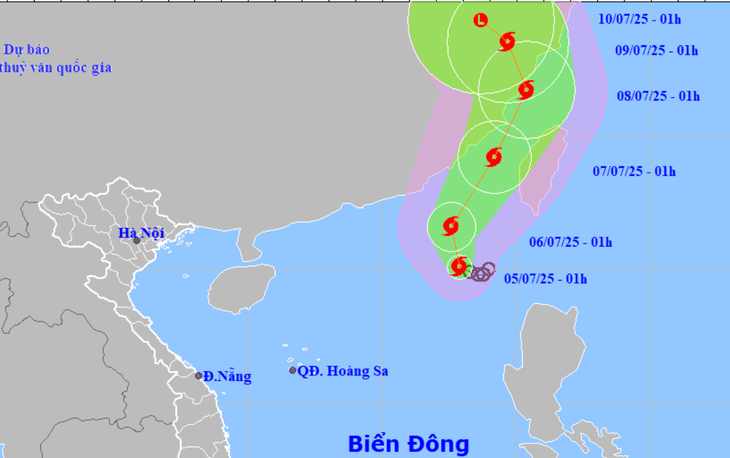 Dự báo vị trí và hướng di chuyển bão số 2 lúc 1h sáng 5-7 - Ảnh: NCHMF
