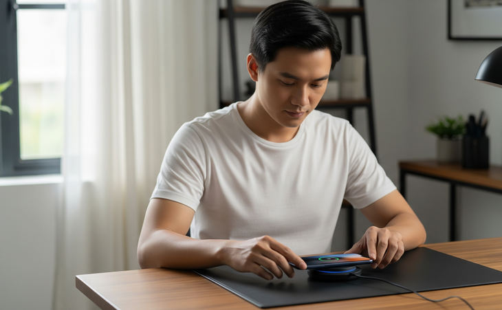 Người dùng đang sạc điện thoại bằng sạc không dây