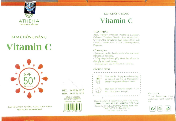  Sản phẩm kem chống nắng vitamin C của Athena bị thu hồi - Ảnh: Cục Quản lý dược