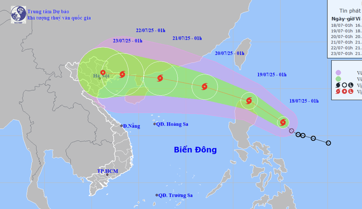  Dự báo vị trí và hướng di chuyển bão Wipha lúc 1h sáng 18-7 - Ảnh: NCHMF