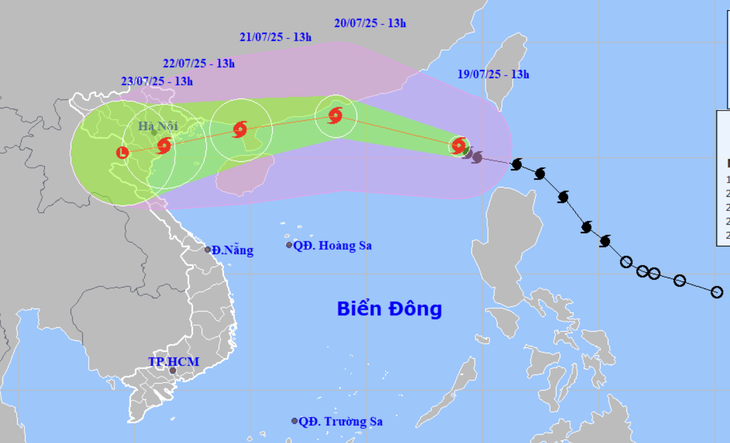  Dự báo vị trí và hướng di chuyển bão số 3 lúc 13h chiều 19-7 - Ảnh: NCHMF