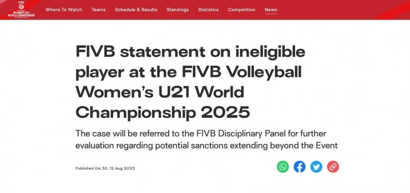 Liên đoàn Bóng chuyền thế giới (FIVB) chính thức lên tiếng về vụ việc. (Ảnh chụp màn hình).