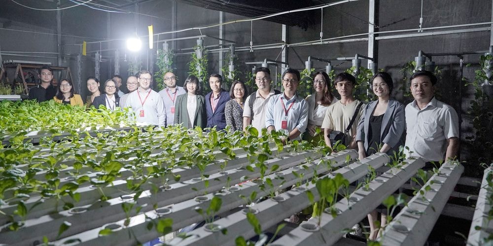 Các nhà khoa học ghé thăm khu vực nhà kính tại cơ sở chính Trường đại học Văn Lang - Ảnh: ĐHVL