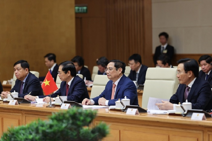Thủ tướng Phạm Minh Chính đề nghị Nhật Bản hỗ trợ Việt Nam thực hiện thành công sự nghiệp công nghiệp hóa, hiện đại hóa, độc lập, tự chủ về kinh tế và hội nhập quốc tế sâu rộng. Ảnh VGP/Nhật Bắc