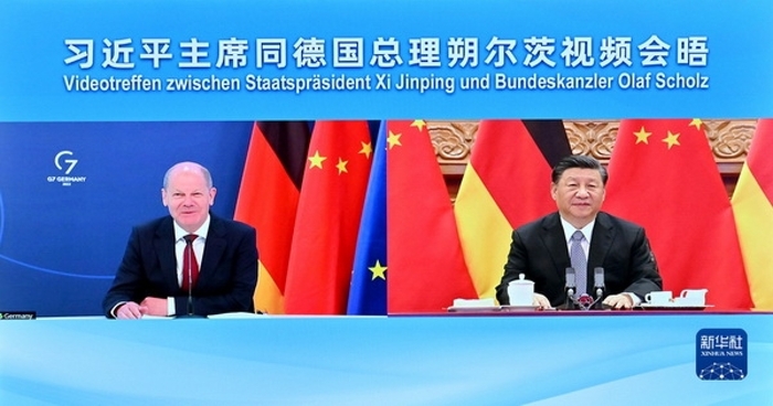 Lãnh đạo Trung Quốc, Đức gặp qua video. Ảnh: Tân Hoa Xã.
