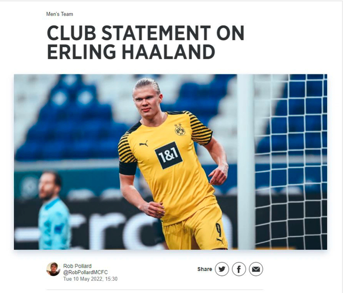 Tối 10/5, website CLB Man City đăng thông báo chính thức về thương vụ Erling Haaland. Ảnh: internet