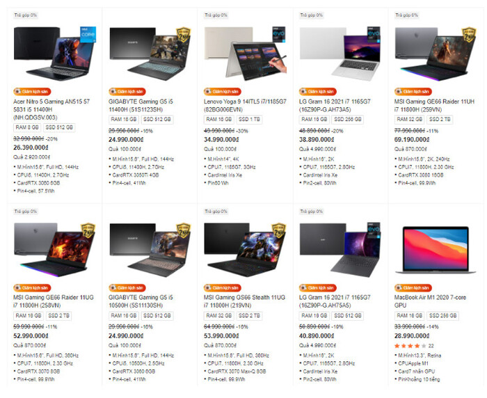 Nhiều mẫu laptop điều chỉnh giá ưu đãi.