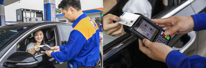 Khách hàng mua xăng dầu và thanh toán bằng thẻ không tiếp xúc Visa tại cửa hàng xăng dầu Petrolimex.