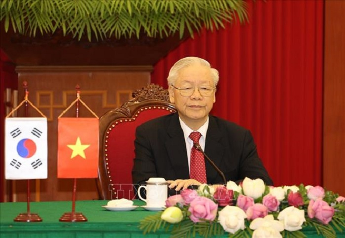 Tổng Bí thư Nguyễn Phú Trọng hội đàm trực tuyến với Tổng thống Đại Hàn Dân Quốc Yoon Suk-yeol - Ảnh: TTXVN