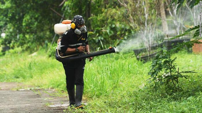 Một công nhân phun thuốc diệt muỗi để chống lại bệnh sốt xuất huyết ở Singapore, ngày 6/7/2021. Ảnh: CNN