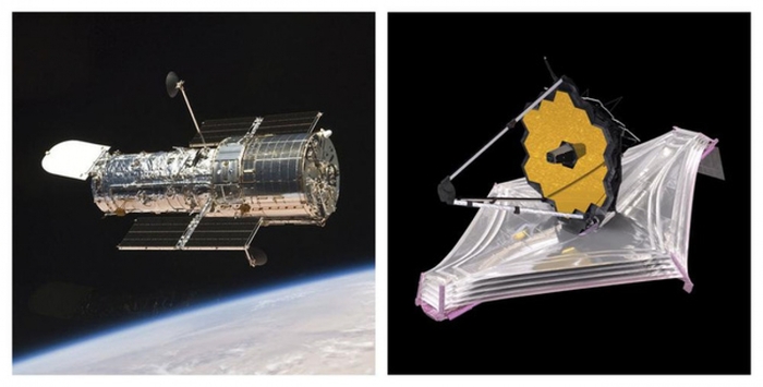 Kính viễn vọng không gian Hubble quay quanh Trái đất và hình ảnh minh họa của kính viễn vọng James Webb. (Ảnh: AP)