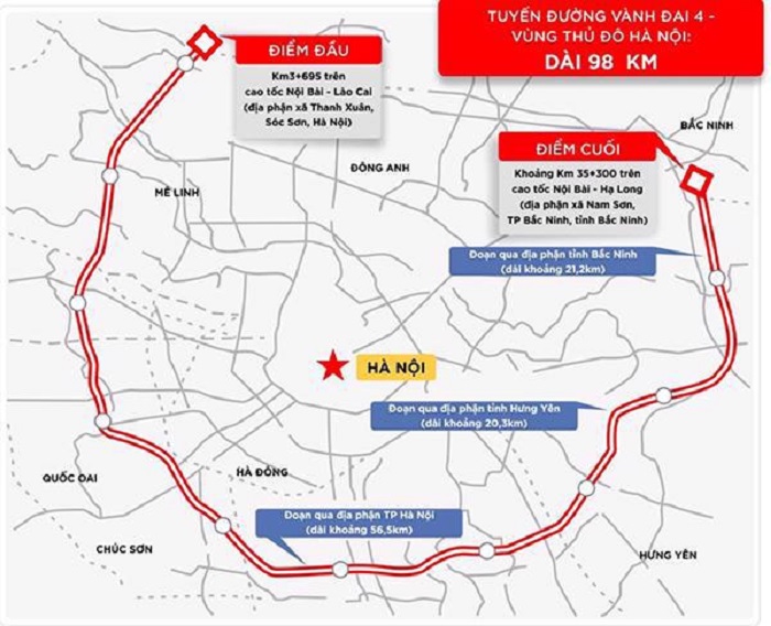 Sơ đồ quy hoạch đường Vành đai 4 qua Hà Nội và các tỉnh lân cận.