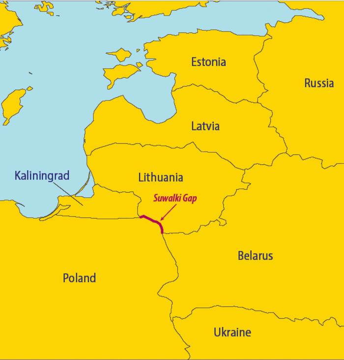 Hành lang Suwalki (đường màu đỏ) là dải đất chạy dọc theo biên giới Ba Lan-Lithuania và bị kẹp giữa Belarus với phần lãnh thổ Kaliningrad của Nga. (Nguồn: US Army)