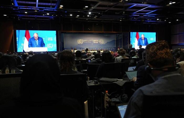 Sameh Shoukry, chủ tịch Hội nghị Thượng đỉnh Khí hậu COP27, phát biểu trong phiên khai mạc vào ngày 6 tháng 11 năm 2022 ở Sharm el-Sheikh, Ai Cập. Ảnh: AP