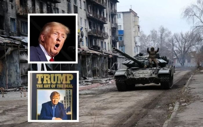Cựu Tổng thống Trump, cuốn sách của ông, và hình ảnh xe tăng Ukraine trên chiến trường Ukraine. Ảnh: Newsweek.