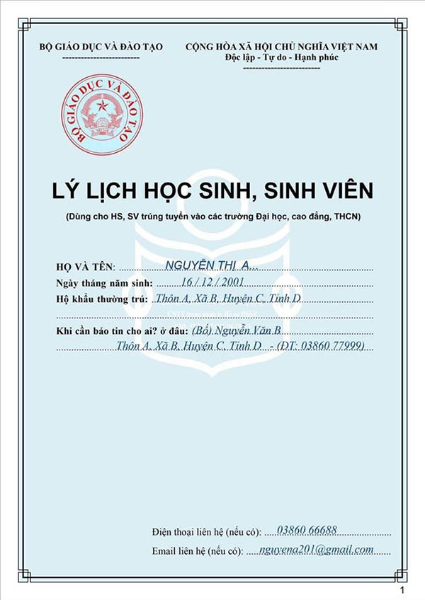 Trang 1: Lý lịch học sinh, sinh viên