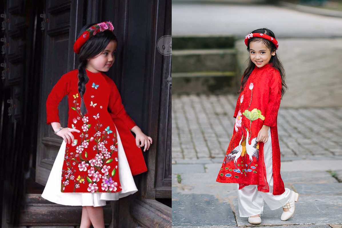 Áo dài màu đỏ giúp bé trở nên nổi bật, rạng rỡ, mang ý nghĩa của sự may mắn trong ngày Tết