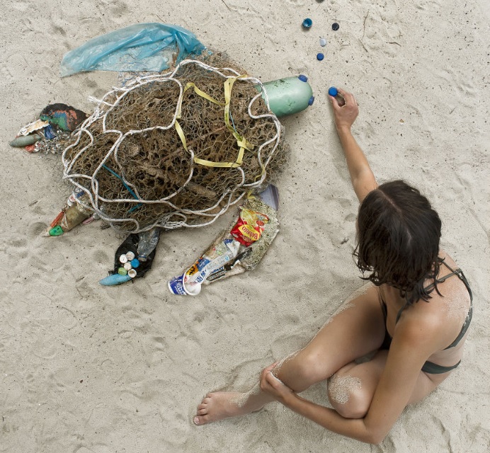   Chú rùa biển làm từ rác thải nhựa.  