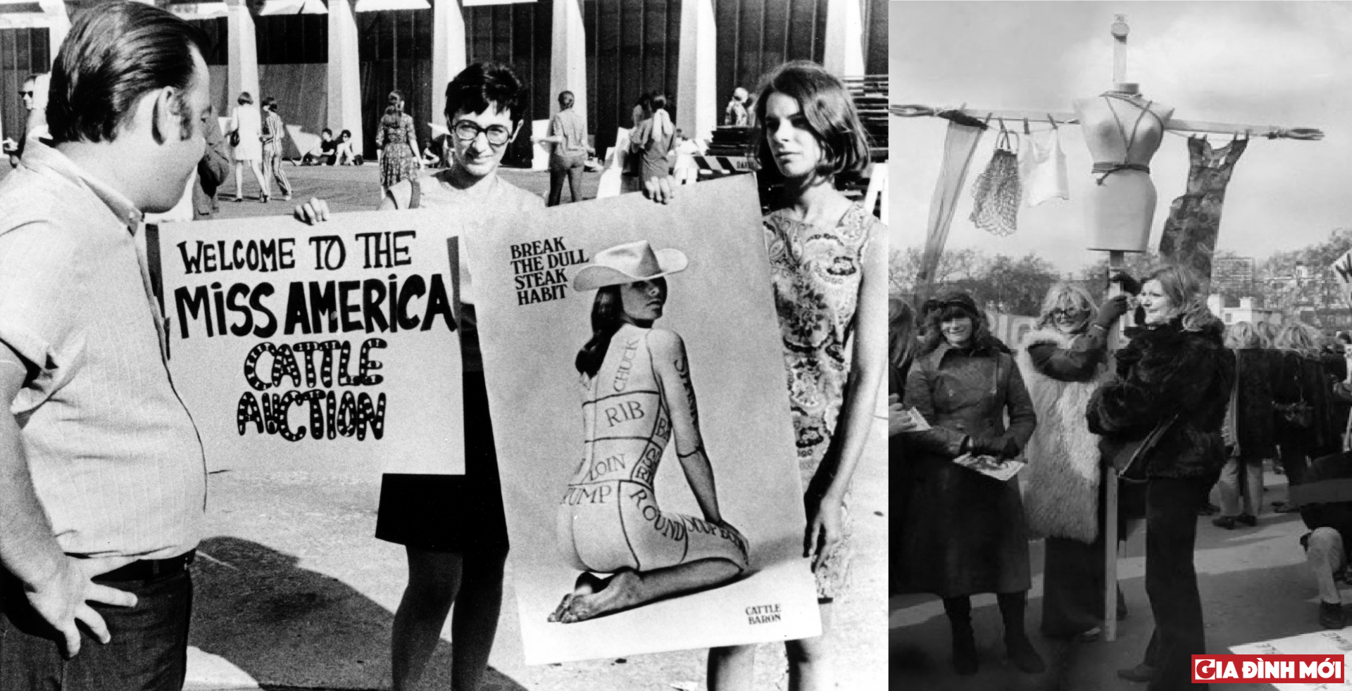   Hình ảnh phụ nữ Mỹ (trái) và phụ nữ Anh (phải) đấu tranh để chống lại các cuộc thi sắc đẹp    