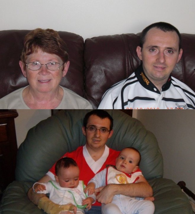 Anh Paul Pugh được chăm sóc bởi mẹ mình (ảnh trên) và đang bế 2 đứa cháu họ sinh đôi (ảnh dưới)