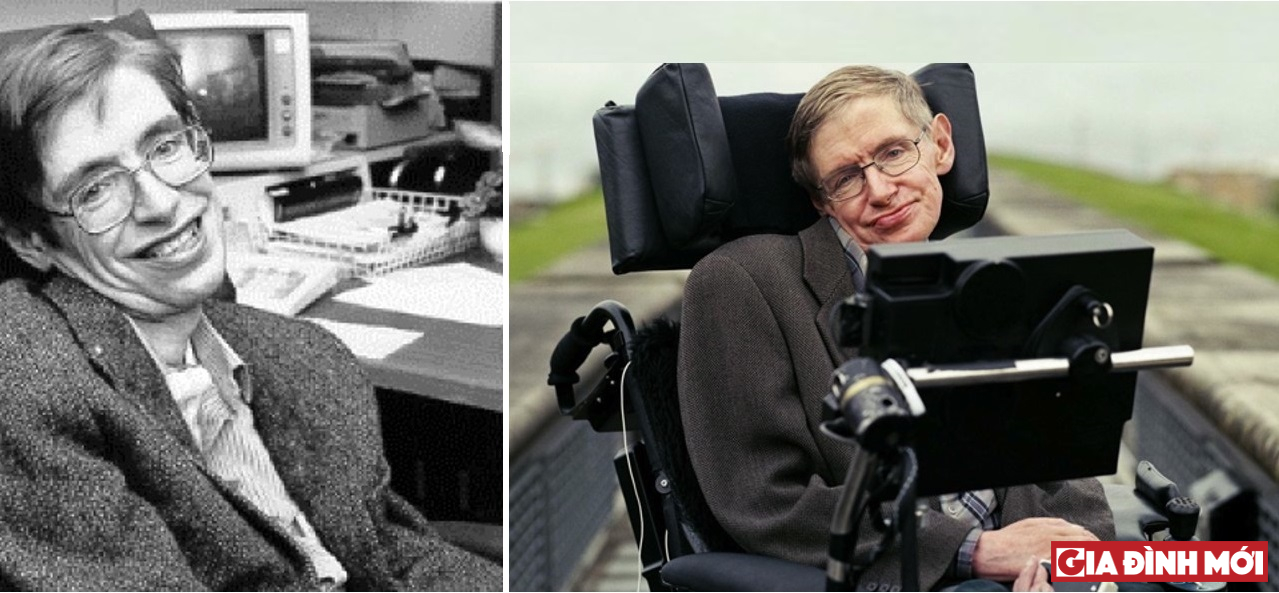 Stephen Hawking hồi trẻ và hiện tại (trái - phải): vẫn chung sống với căn bệnh ALS và đạt nhiều thành tựu khoa học rực rỡ