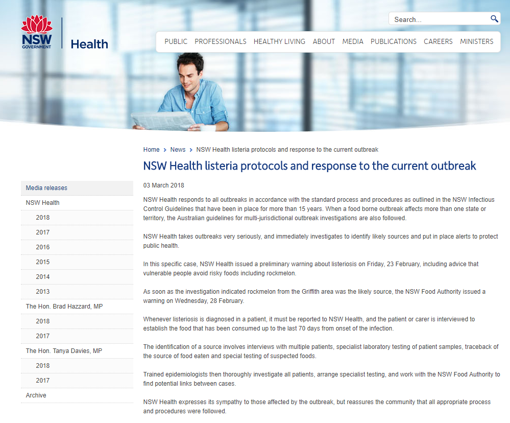 Trang web của Cơ quan Y tế New South Wales thông báo về dịch bệnh nhiễm listeria