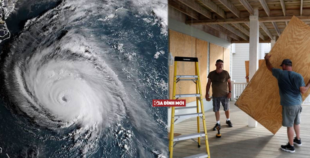  Hình ảnh vệ tinh chụp siêu bão Florence và cảnh người dân gia cố nhà cửa - Ảnh: Internet  