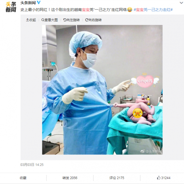   'Nhân vật gây sốt nhỏ tuổi nhất lịch sử! Em bé Việt Nam vừa chào đời đã nổi tiếng bằng sức mạnh của mình' - Một bài viết đạt hơn 30 ngàn lượt yêu thích trên Weibo  
