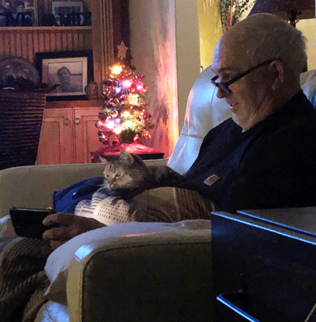   Bố tôi ghét mèo và tỏ ra khó chịu khi tôi mang nó về, nhưng sau 3 năm, giờ thì ông đang cho nó ngồi trên đùi và xem video. Nó còn ngủ với ông mỗi tối nữa  