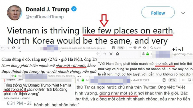   Dòng tweet khen Việt Nam của Tổng thống Trump ngày 26/2/2019 đã bị nhiều nơi dịch sai ý do hiểu chưa đúng cách dùng từ 'few' khác với 'a few'. Ý của ông Trump là khen Việt Nam đang phát triển mạnh mẽ và 'hiếm có nơi nào' làm được như vậy, chứ không phải 'như một vài nơi' theo ý một số báo dịch  