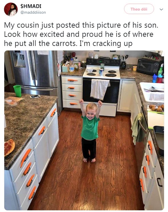   Cậu bé phấn khích vì đã để hết cà rốt lên tay nắm ngăn kéo tủ  