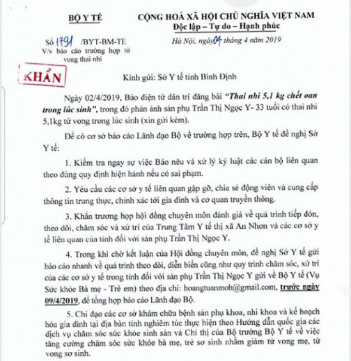   Công văn khẩn của Bộ Y tế gửi Sở Y tế tỉnh Bình Định về vụ việc.  