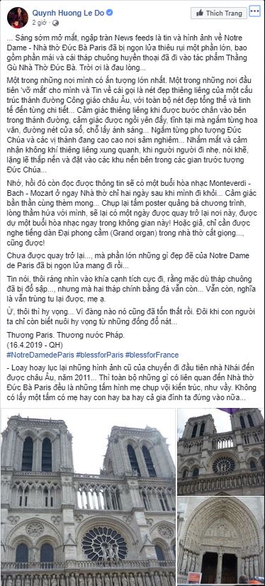   MC Quỳnh Hương đăng tải những hình ảnh ghi lại kỷ niệm của cô tại Nhà thờ Đức Bà Paris cùng đoạn tâm thư dài bày tỏ sự xót thương.  
