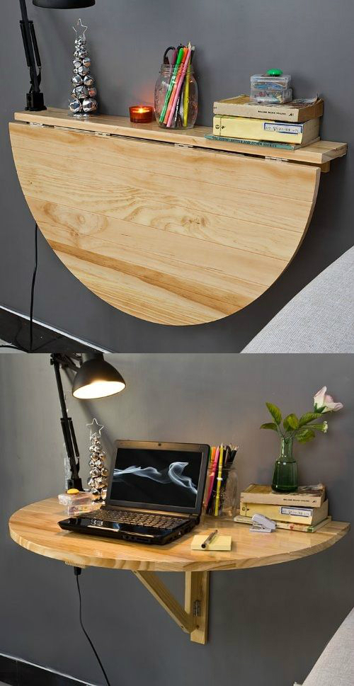   Một chiếc bàn gỗ treo tường hình bán nguyệt sẽ giúp tiết kiệm không gian. Bạn sẽ không phải lo lắng về vấn đề mình sẽ bị va vào các góc nhọn của bàn.  
