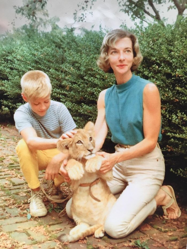   Bố tôi chụp cùng bà nội làm bác sĩ thú y và thú cưng họ nuôi hai năm, một chú sư tử. Hình chụp vào năm 1959.  