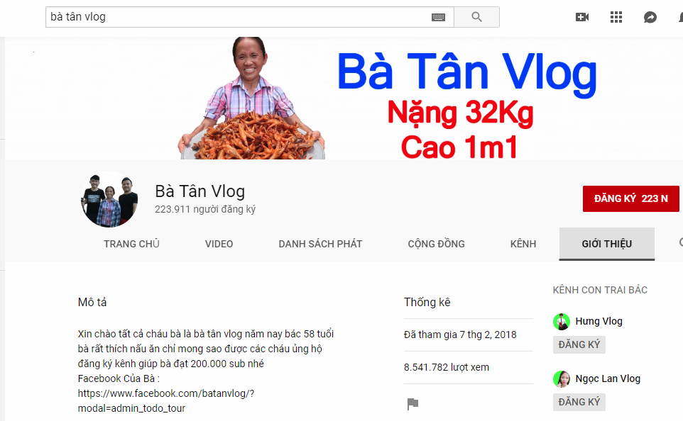   Kênh youtube Bà Tân Vlog có lượng lớn người theo dõi.  
